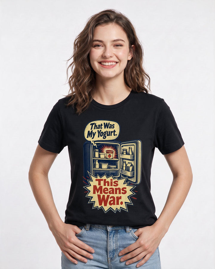 Funny Couples Women's Black T-Shirt – That Was My Yogurt. This Means War. product image 3