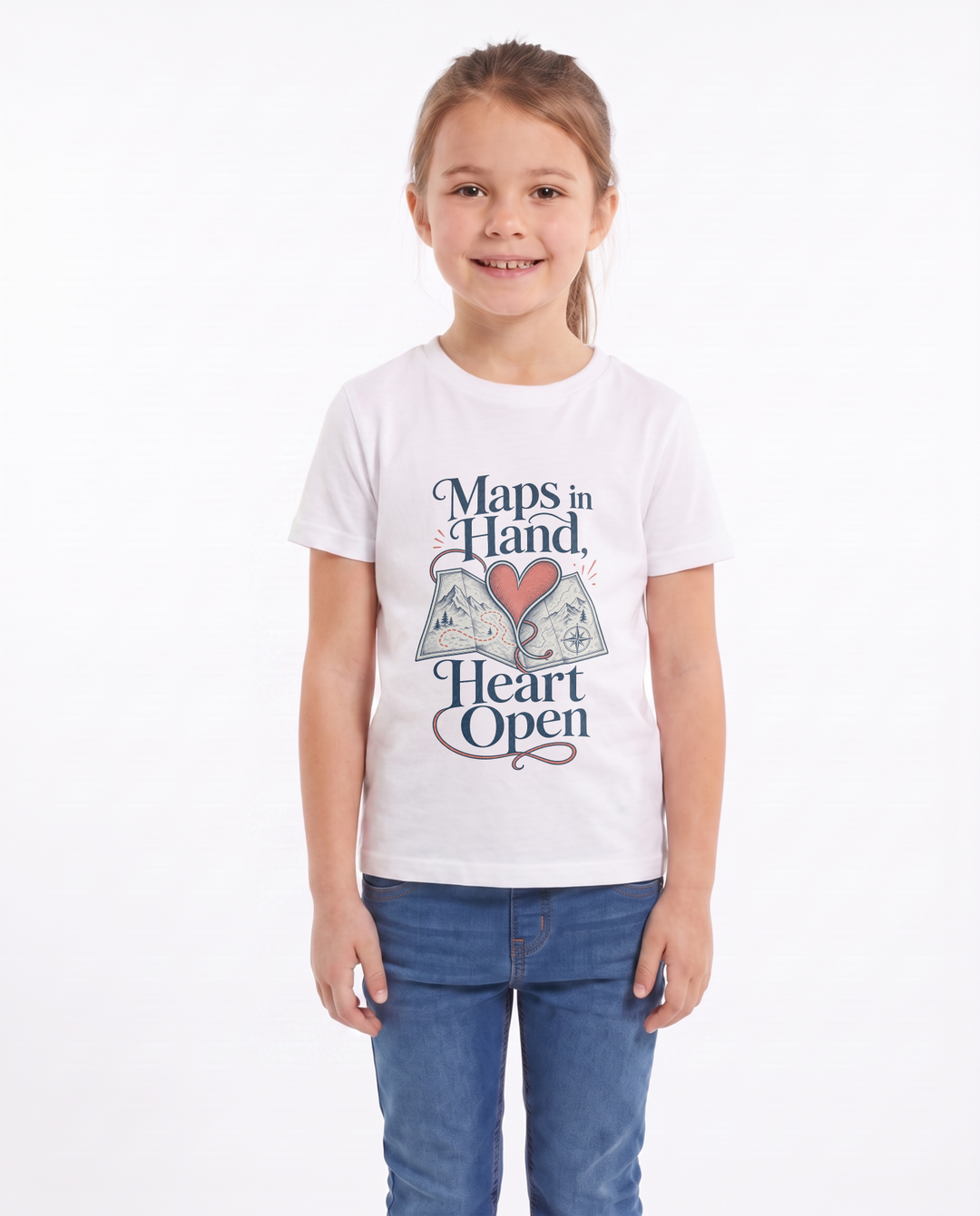 Maps In Hand, Heart Open White T-Shirt mockup 1