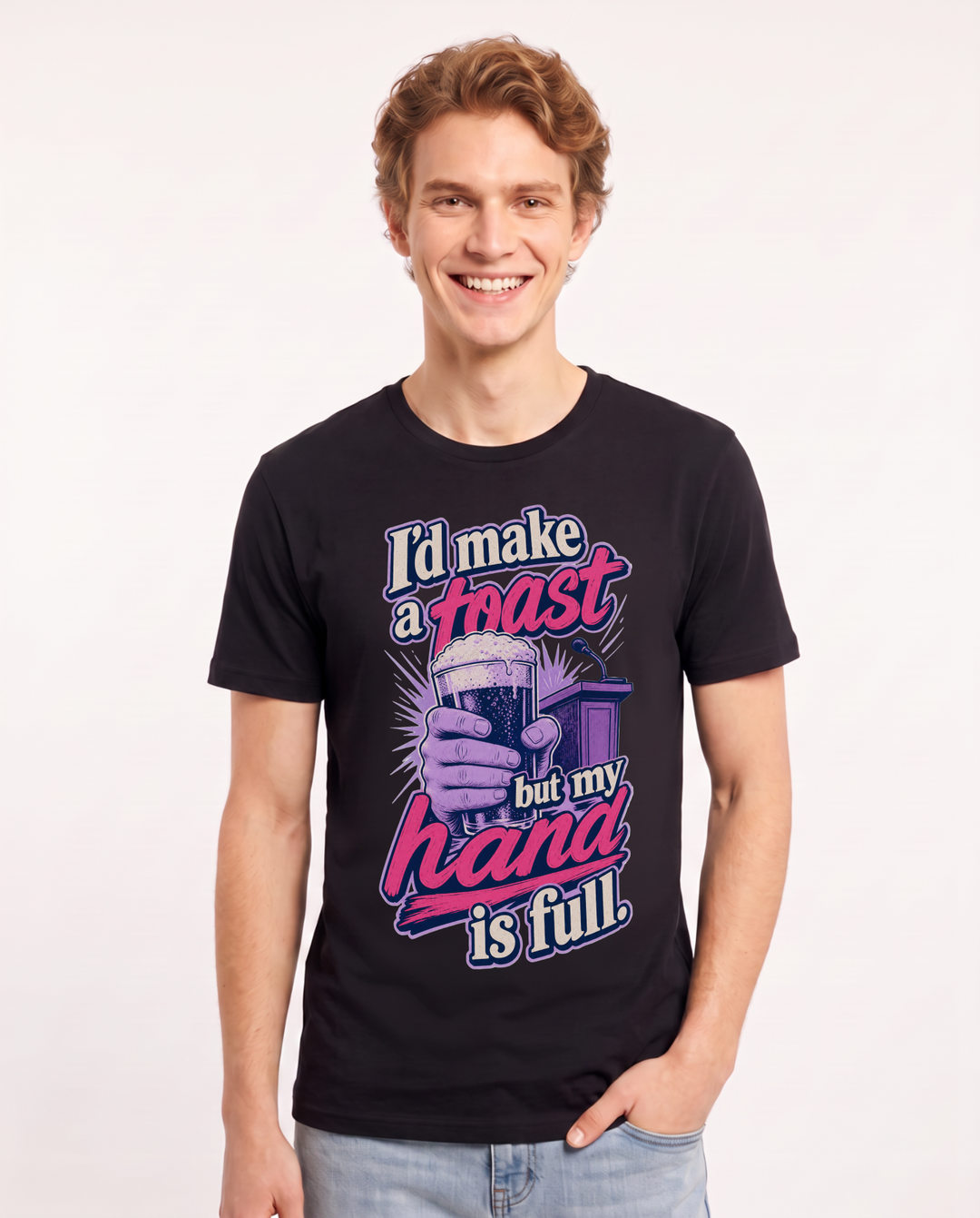 Funny Beer Men's Black T-Shirt – I'd make a toast but my hand is full. product image 1
