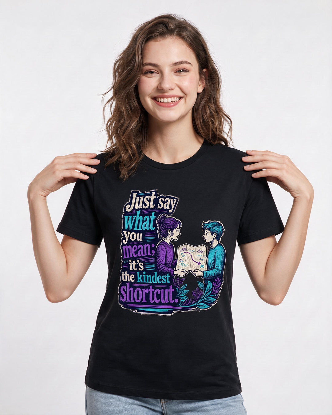 Neurodiversity Women's Black T-Shirt – Just say what you mean; it’s the kindest shortcut. product image 3