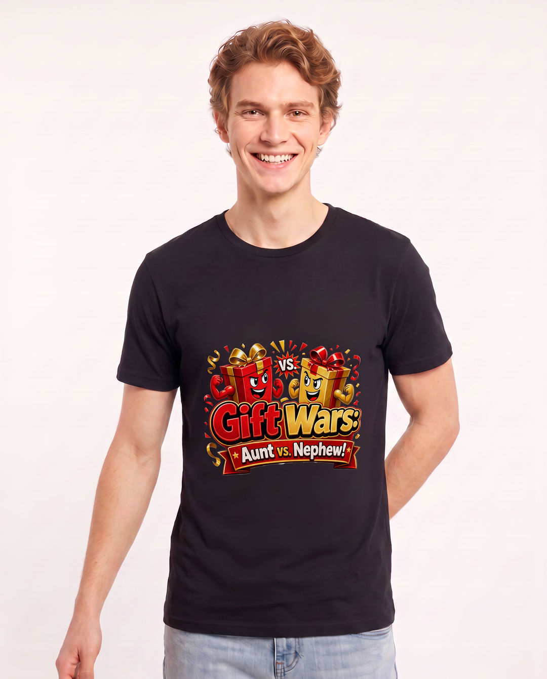 Gift Wars: Aunt vs. Nephew! Men's Black T-Shirt product image 1
