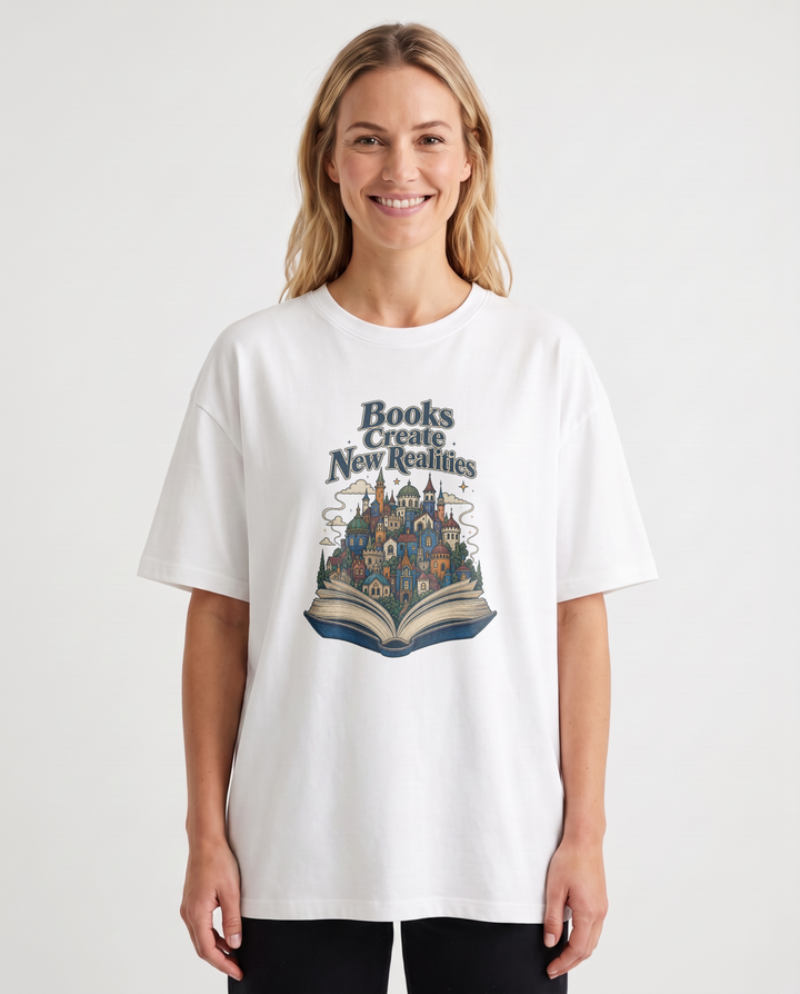Books Create New Realities White T-Shirt mockup 1