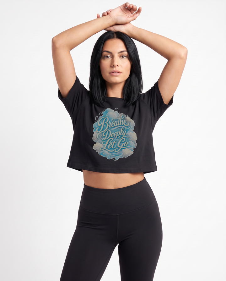 Breathe Deeply, Let Go Crop Top mockup 1