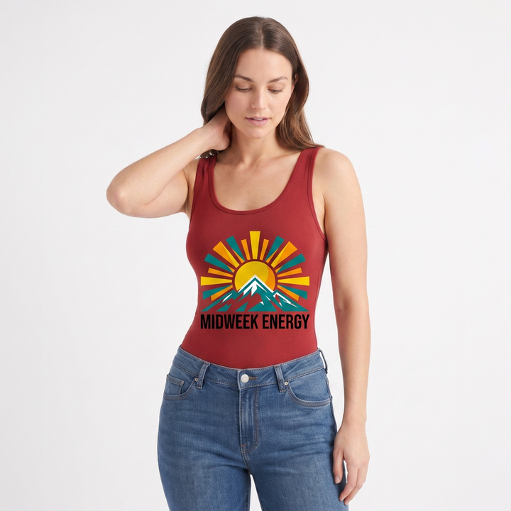Bold Rising Sun Over Stylized Mountain Sleeveless Tank Bodysuit mockup 3