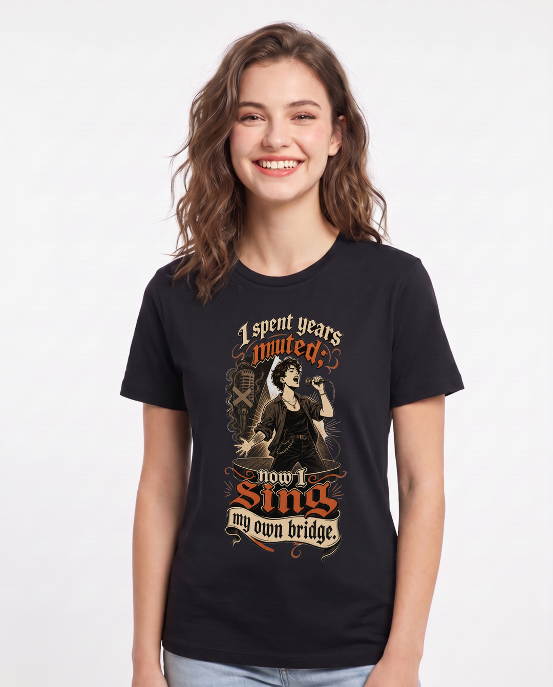 Pride Women's Black T-Shirt – I spent years muted; now I sing my own bridge. product image 1