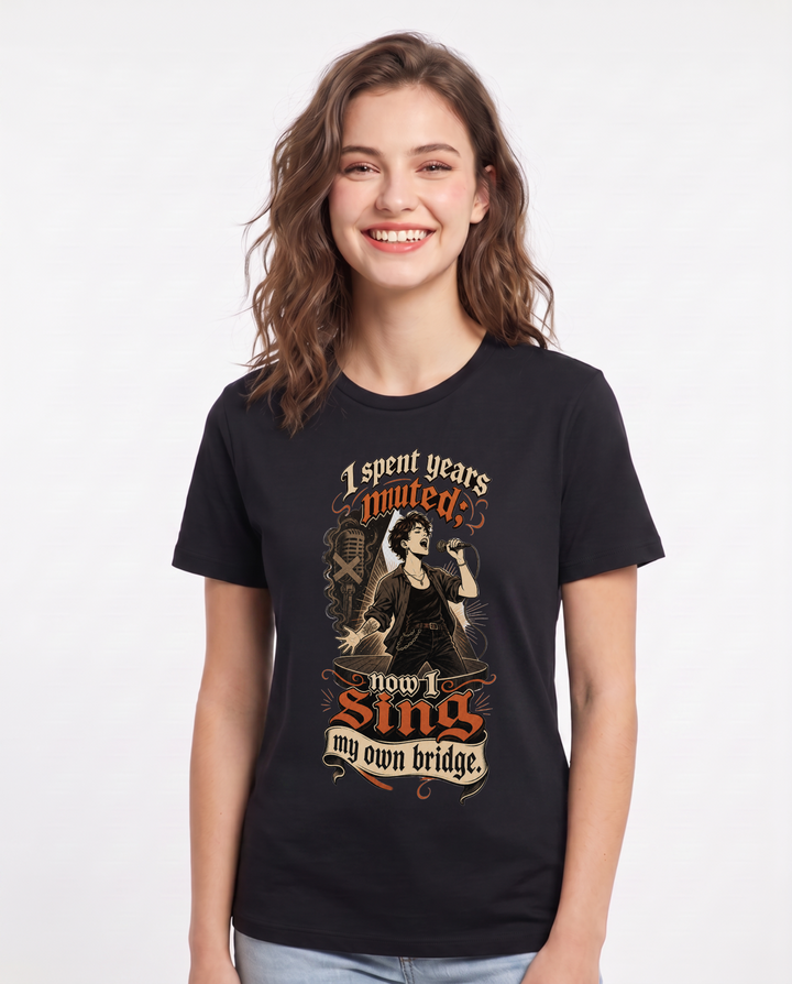 Pride Women's Black T-Shirt – I spent years muted; now I sing my own bridge. product image 1