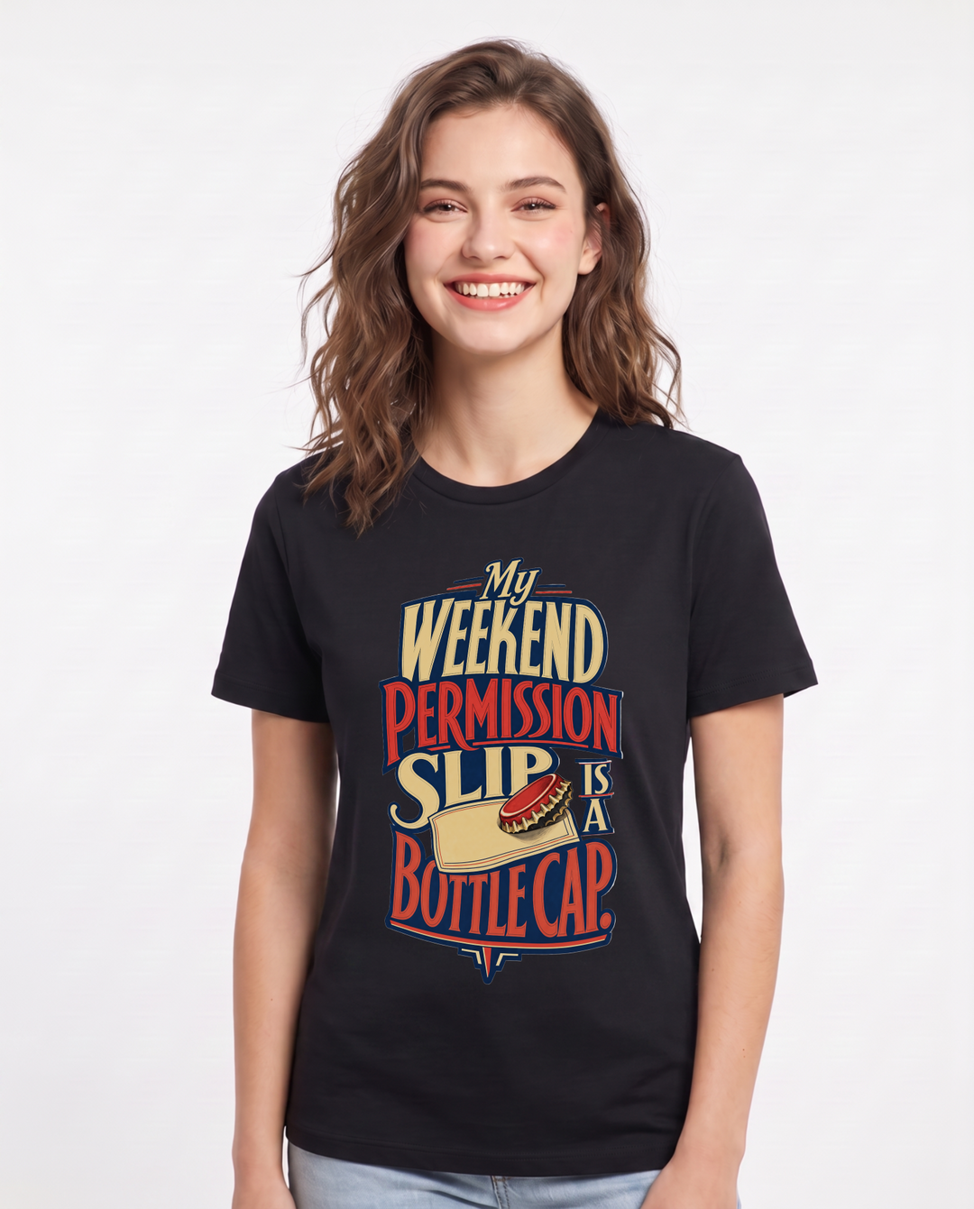 Funny Beer Women's Black T-Shirt – My weekend permission slip is a bottle cap product image 1