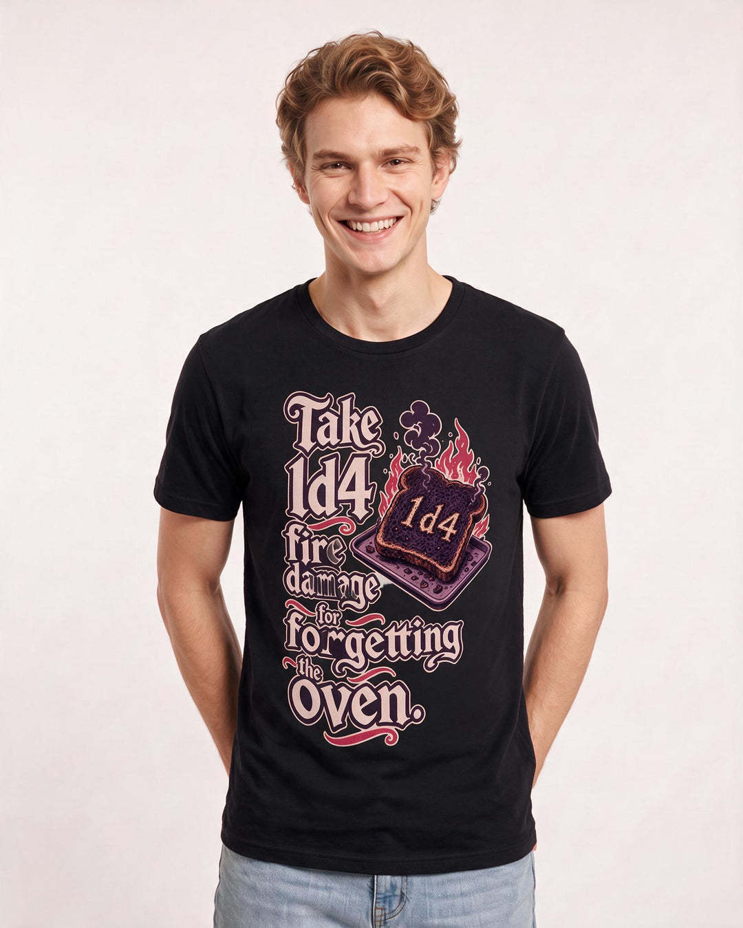 Funny Gaming Men's Black T-Shirt – Take 1d4 fire damage for forgetting the oven. product image 3