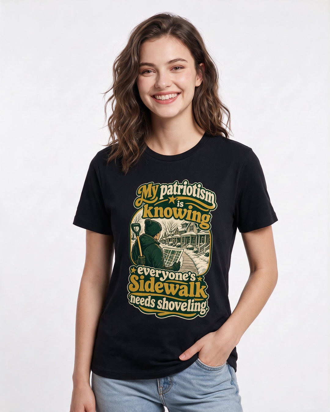 Patriotic Women's Black T-Shirt – My patriotism is knowing everyone's sidewalk needs shoveling product image 3