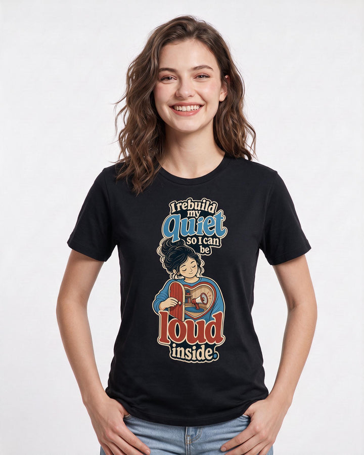 Neurodiversity Women's Black T-Shirt – I rebuild my quiet so I can be loud inside. product image 3