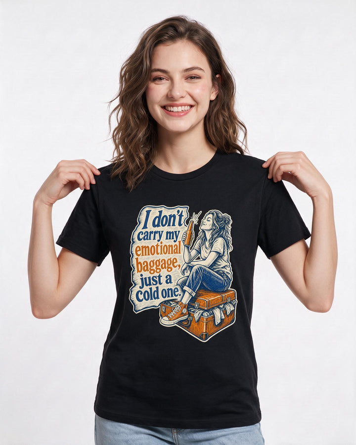 Funny Beer Women's Black T-Shirt – I don't carry my emotional baggage, just a cold one. product image 3