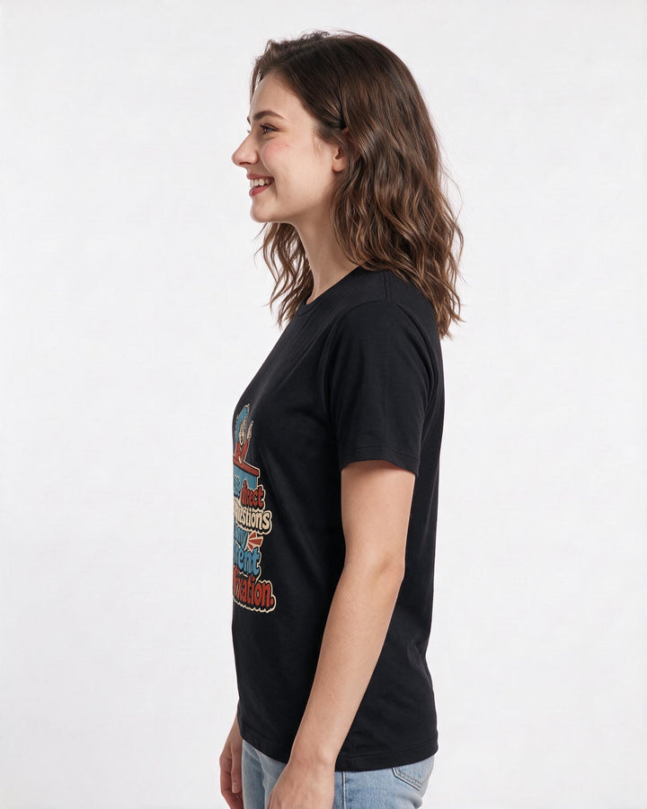 Neurodiversity Women's Black T-Shirt – Please direct your questions to my current hyperfixation. product image 2