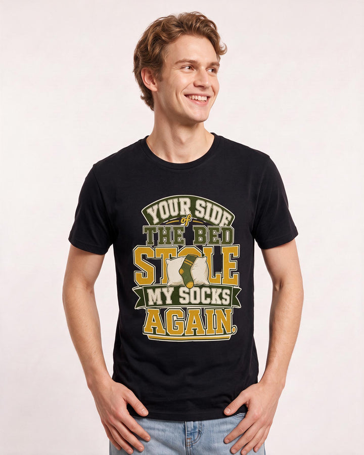Couples Men's Black T-Shirt – Your side of the bed stole my socks product image 3