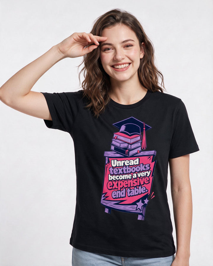 Graduation Gift Women's Black T-Shirt - Unread textbooks become a very product image 3
