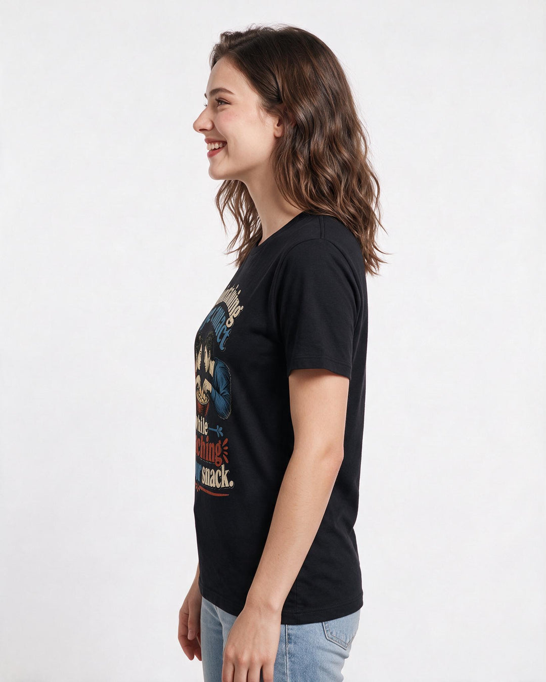 Funny Couples Women's Black T-Shirt – Maintaining eye contact while reaching for your snack. product image 2