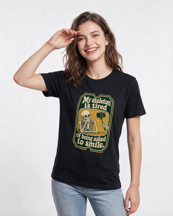 Funny Halloween Women's Black T-Shirt – My skeleton is tired of being asked to smile. product image 3