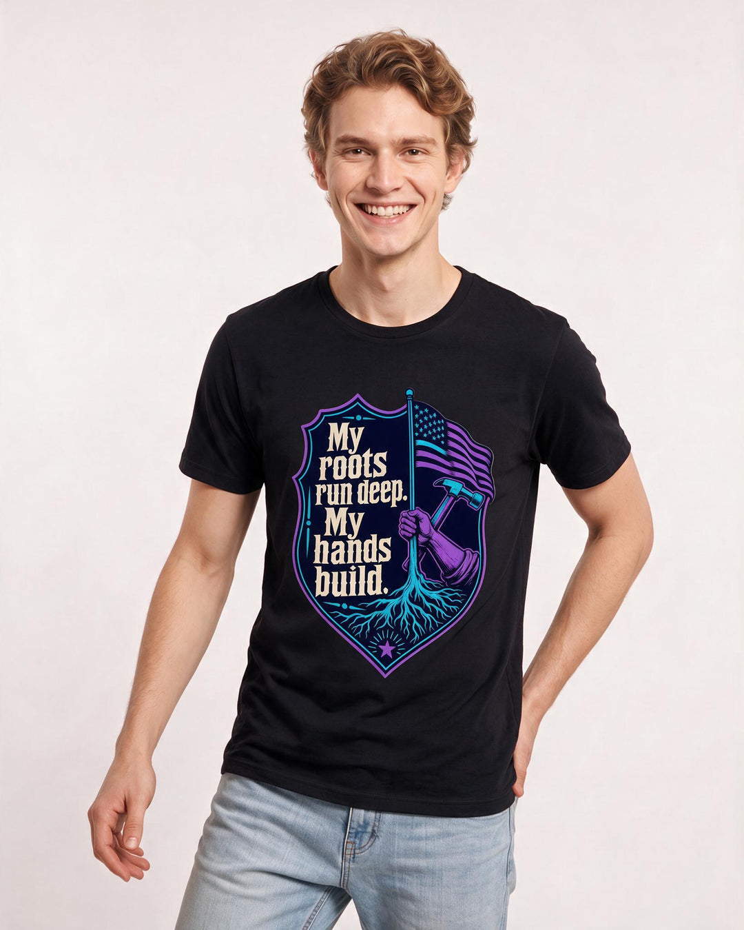 Graphic Men's Black T-Shirt - My roots run deep. My hands build. product image 3