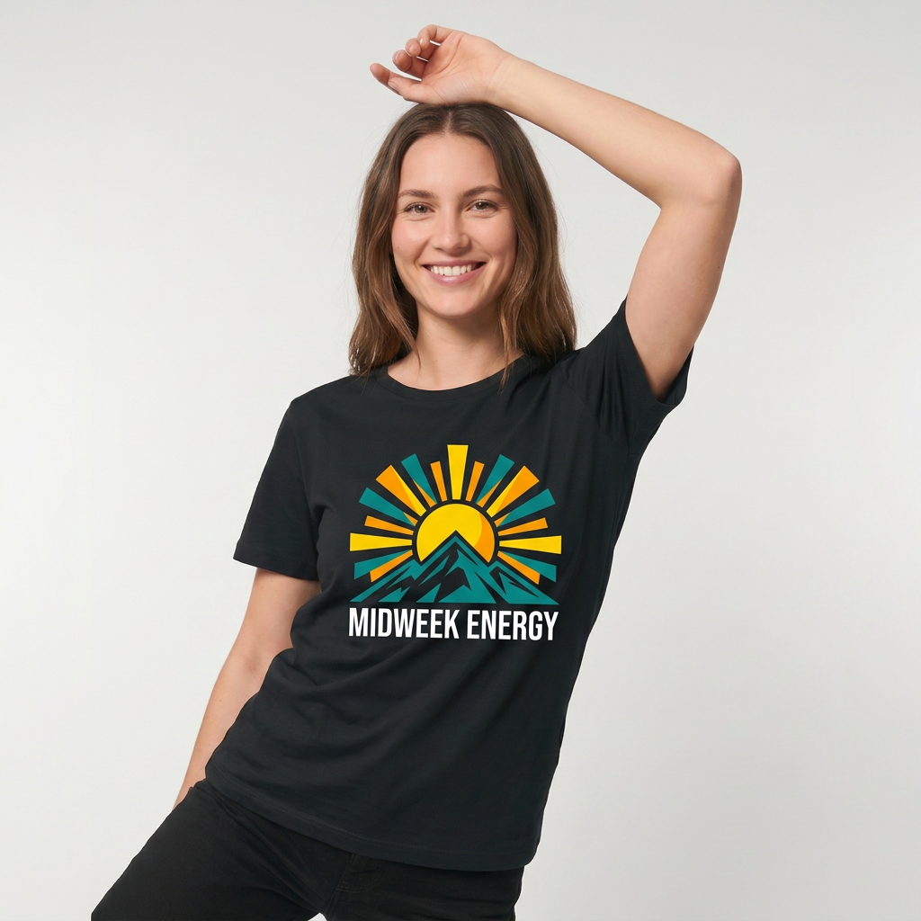 Bold Rising Sun Over Stylized Mountain Black T-Shirt mockup 3