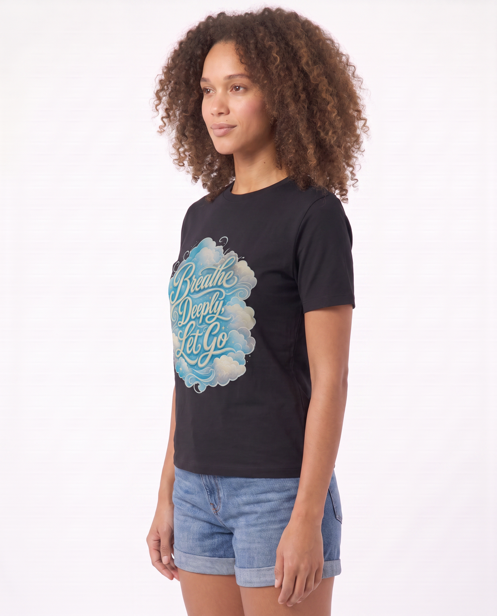 Breathe Deeply, Let Go Black T-Shirt mockup 2