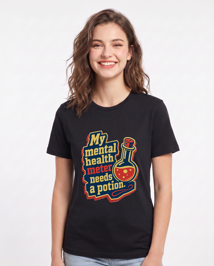 Gaming Women's Black T-Shirt - My mental health meter needs a potion. product image 1