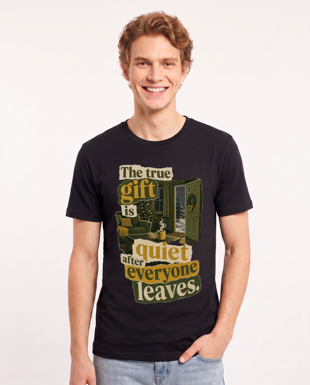 Christmas Men's Black T-Shirt – The true gift is quiet after everyone leaves. product image 1