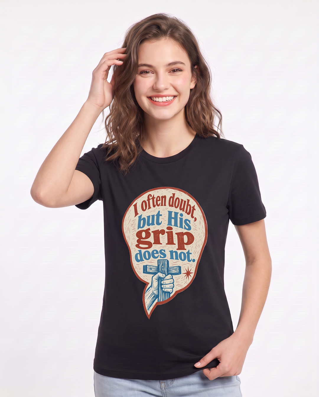 Graphic Women's Black T-Shirt - I often doubt, but His grip does not. product image 3