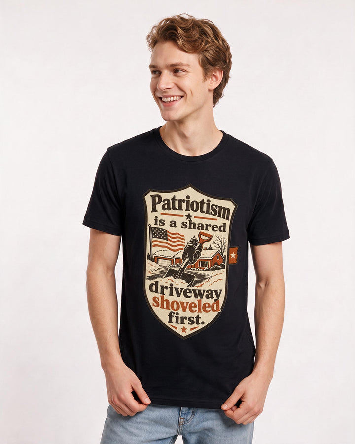 Graphic Men's Black T-Shirt - Patriotism is a shared driveway shoveled product image 3