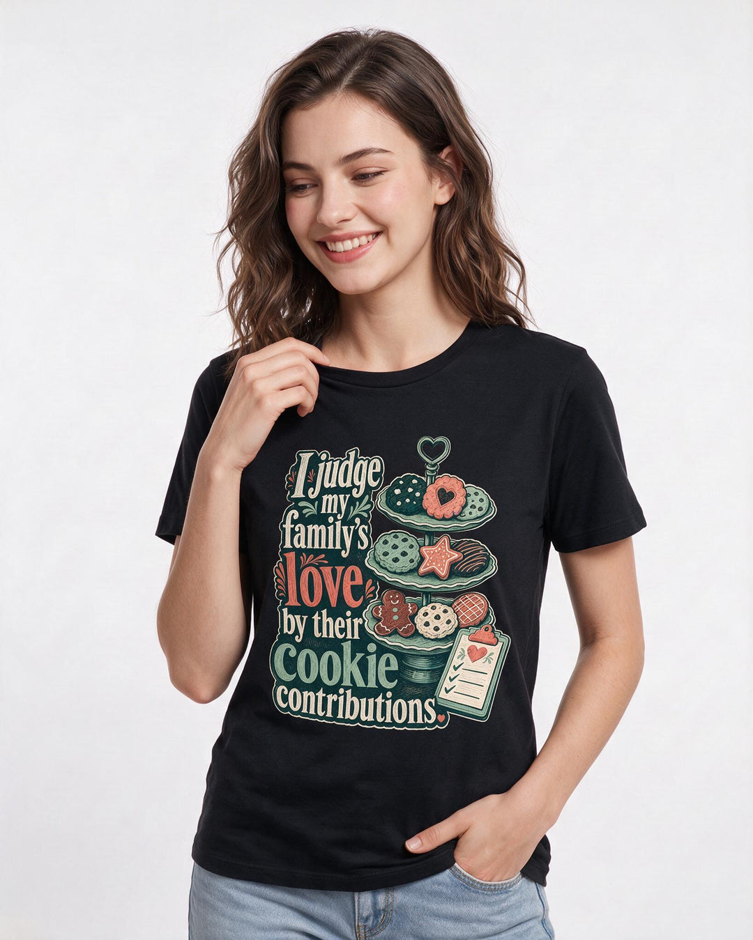 Christmas Women's Black T-Shirt – I judge my family's love by their cookie contributions. product image 3