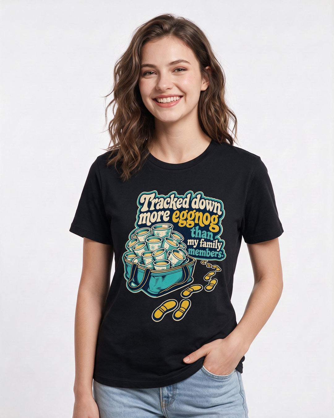 Funny Christmas Women's Black T-Shirt – Tracked down more eggnog than my family members. product image 3