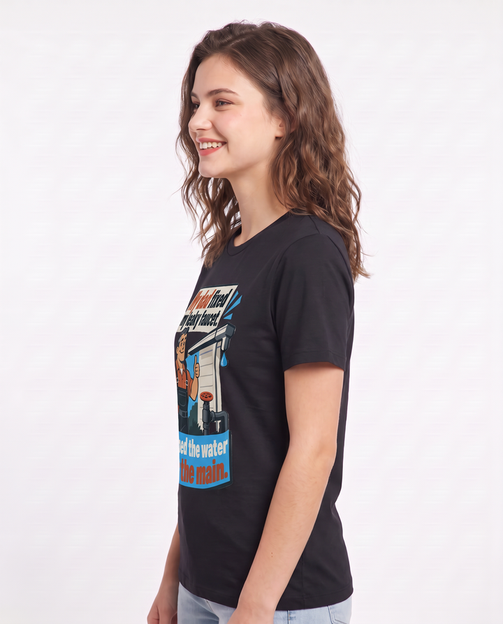 My dad fixed my leaky faucet. He turned the water off at the main. Women's Black T-Shirt product image 3