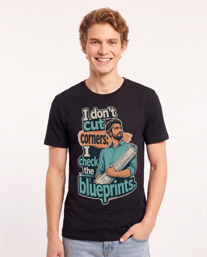 Neurodiversity Men's Black T-Shirt – I don't cut corners; I check the blueprints. product image 1