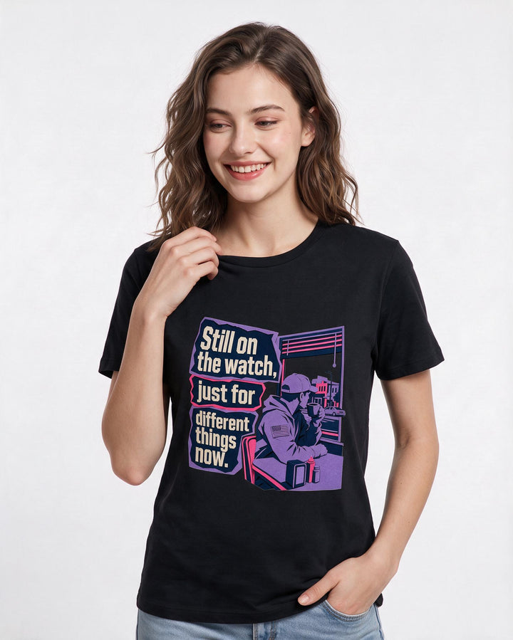 Veteran Women's Black T-Shirt – Still on the watch, just for different things now. product image 3
