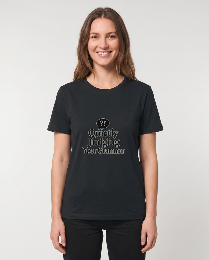 Quietly Judging Your Grammar Black T-Shirt mockup 1