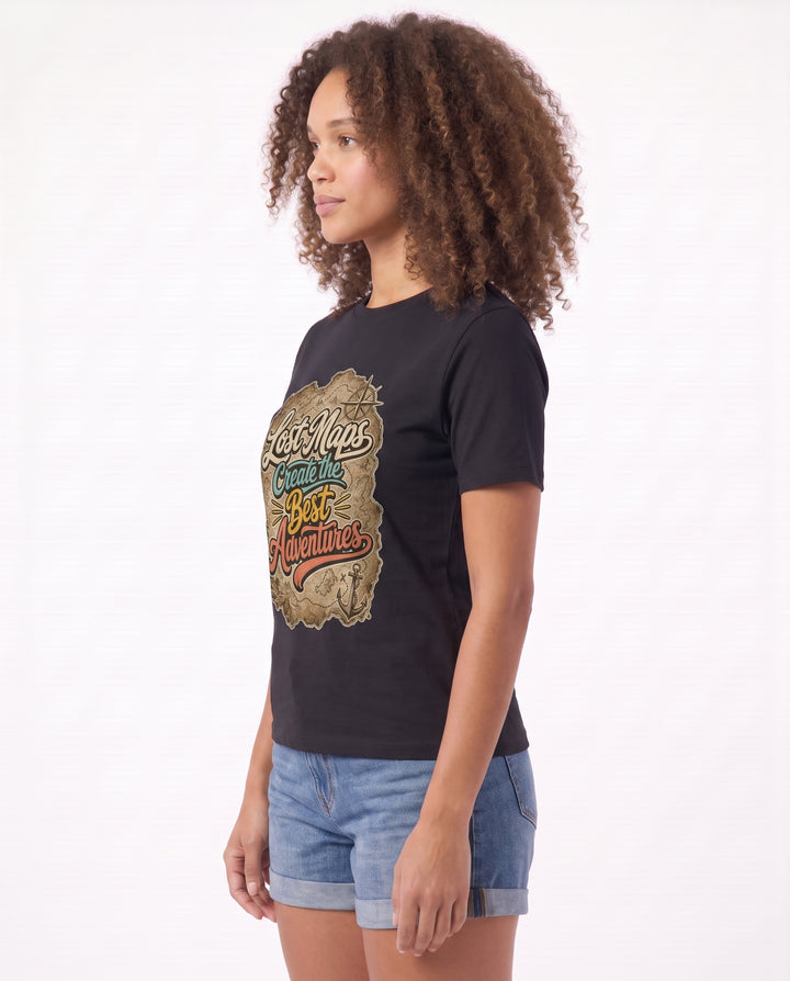 Lost Maps Create The Best Adventures Black T-Shirt mockup 2