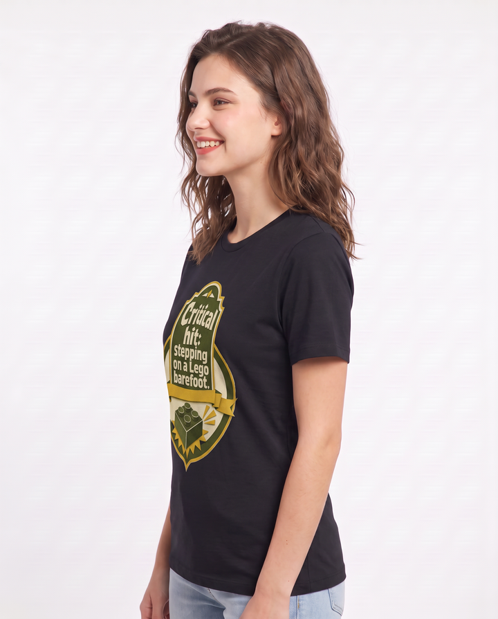 Gaming Women's Black T-Shirt - Critical hit: stepping on a Lego product image 2