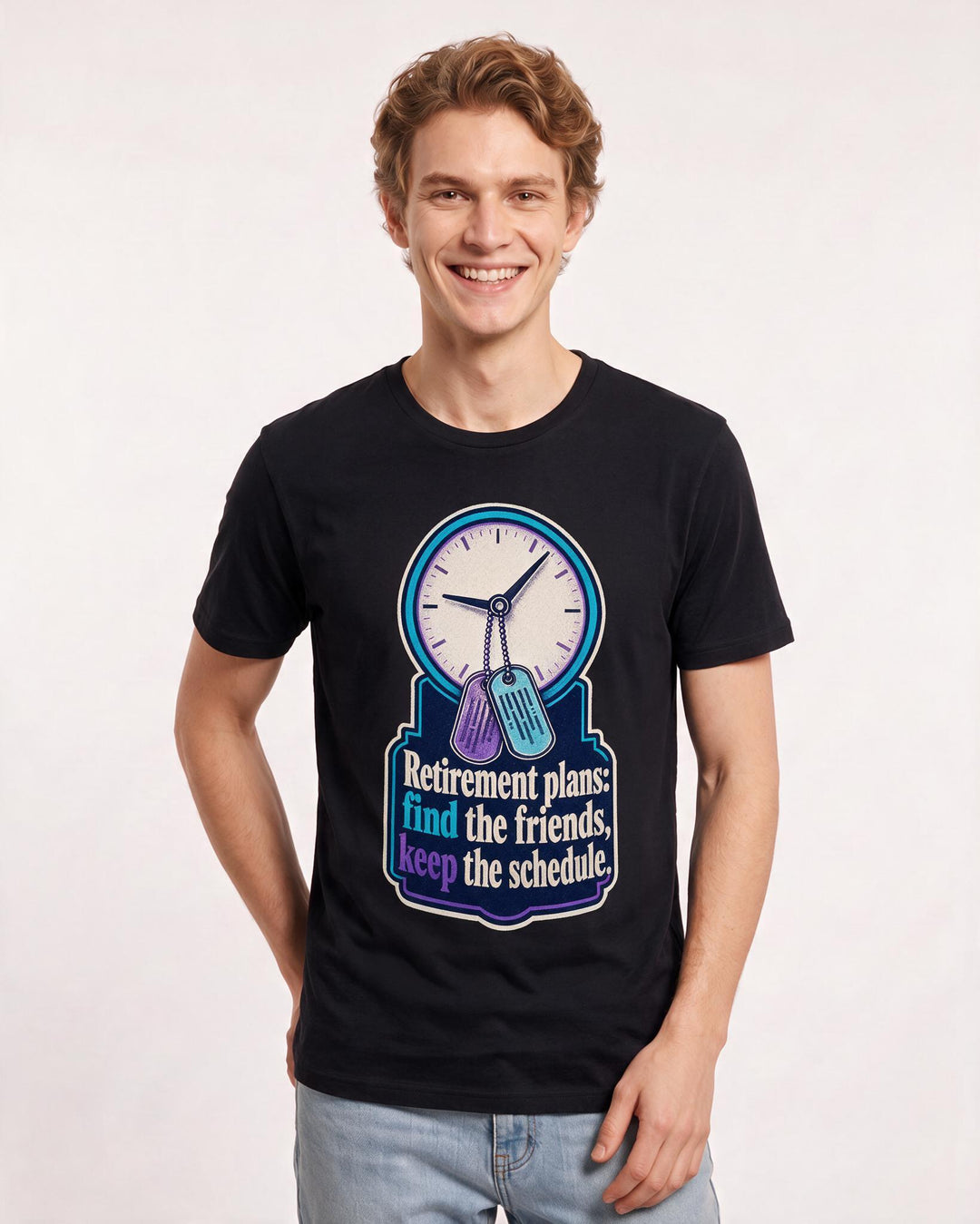 Veteran Men's Black T-Shirt – Retirement plans: find the friends, keep the schedule. product image 3