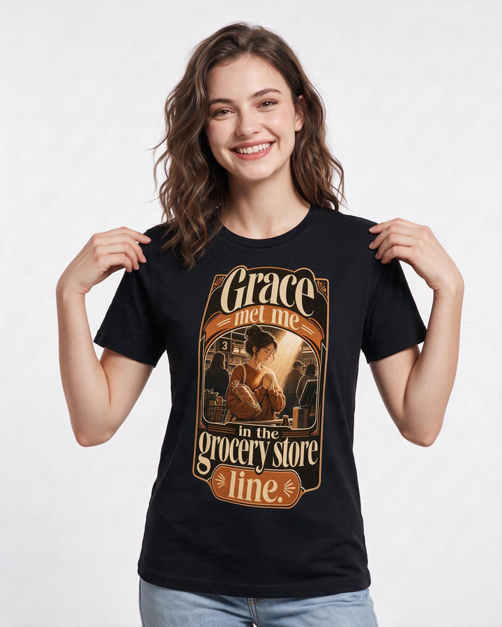 Christian Faith Women's Black T-Shirt – Grace met me in the grocery store line. product image 3