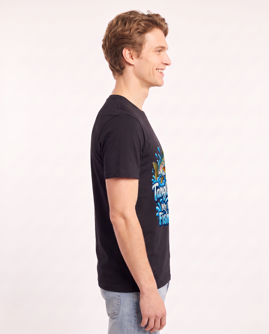 Tangled Lines: My Favorite Fish Story Men's Black T-Shirt product image 3