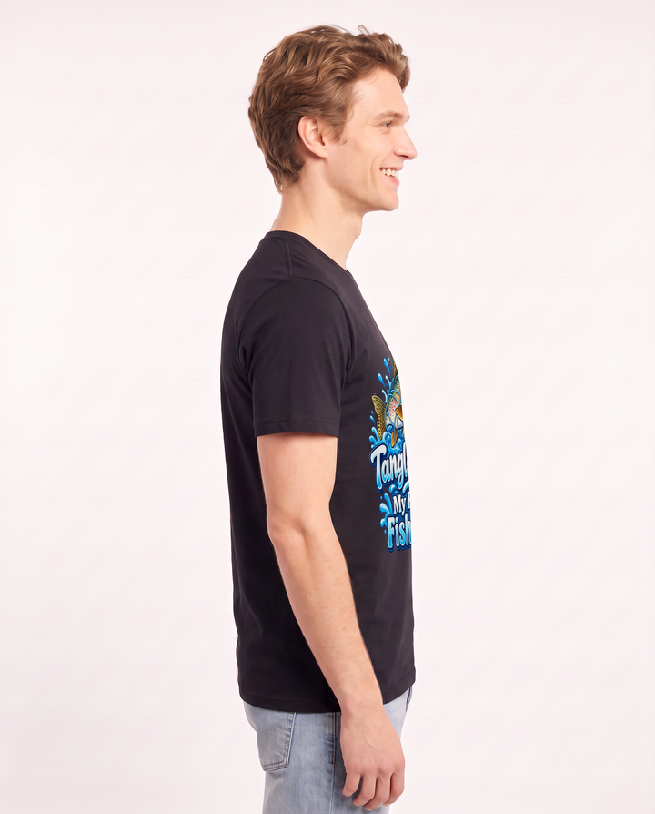 Tangled Lines: My Favorite Fish Story Men's Black T-Shirt product image 3