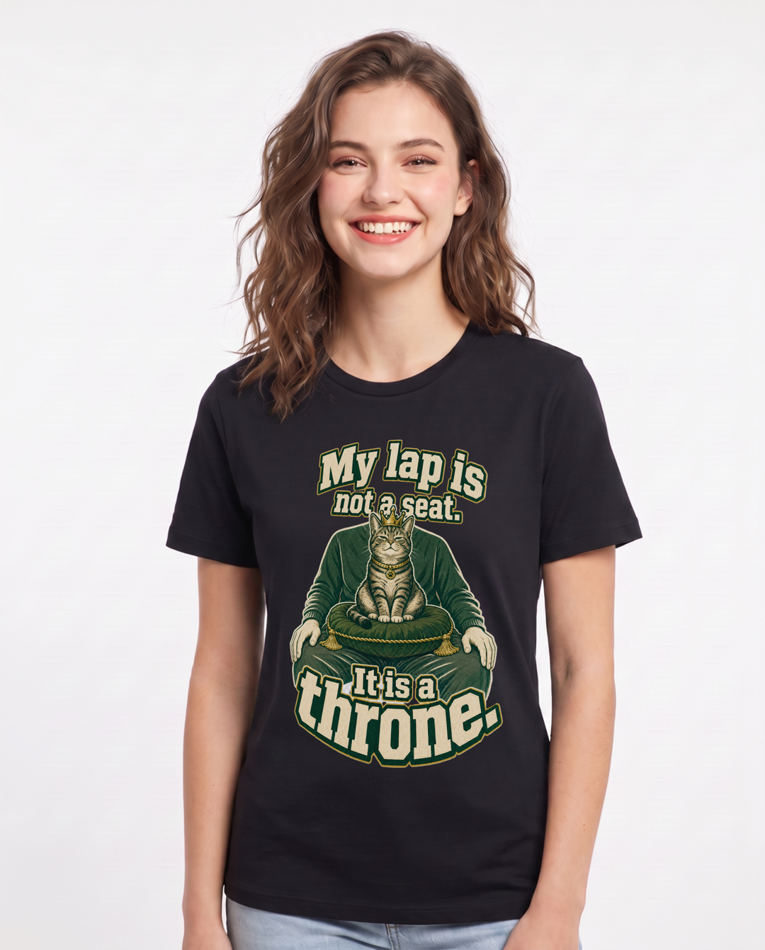 Cat Lover Women's Black T-Shirt – My lap is not a seat. It is a throne. product image 1