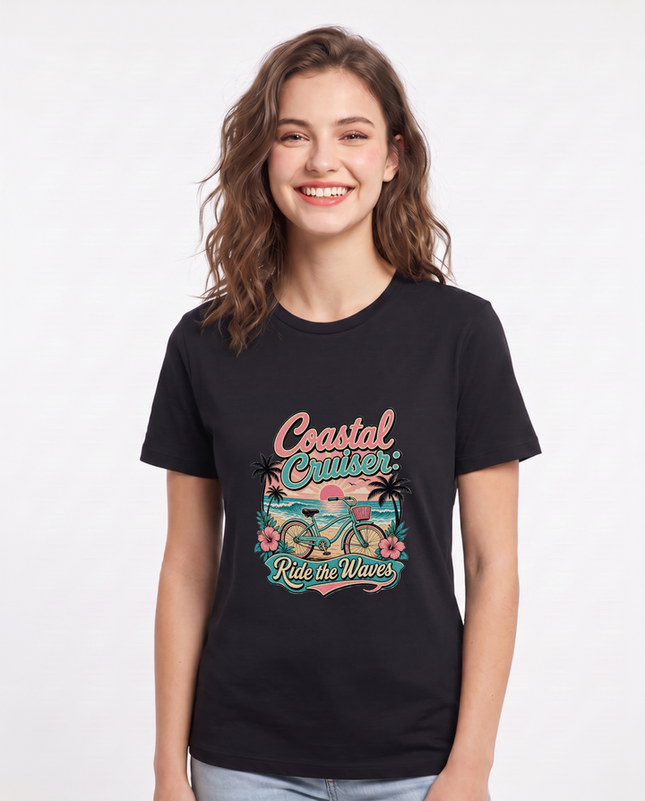 Coastal Cruiser: Ride the Waves Women's Black T-Shirt product image 2