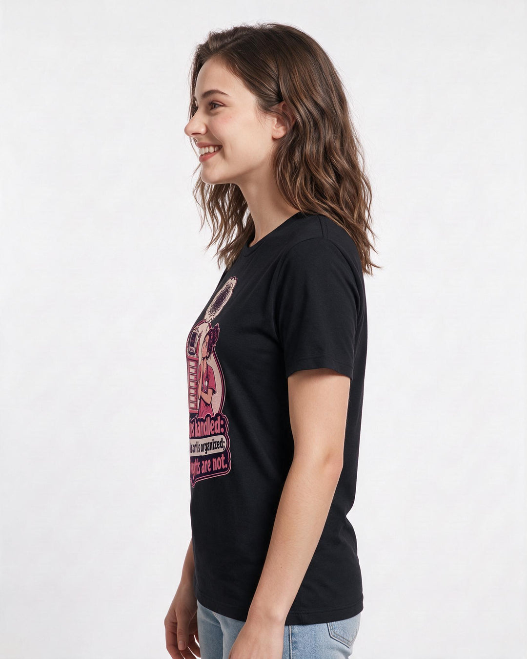 Funny Nurse Women's Black T-Shirt – Chaos handled: the code cart is organized; my thoughts are not. product image 2