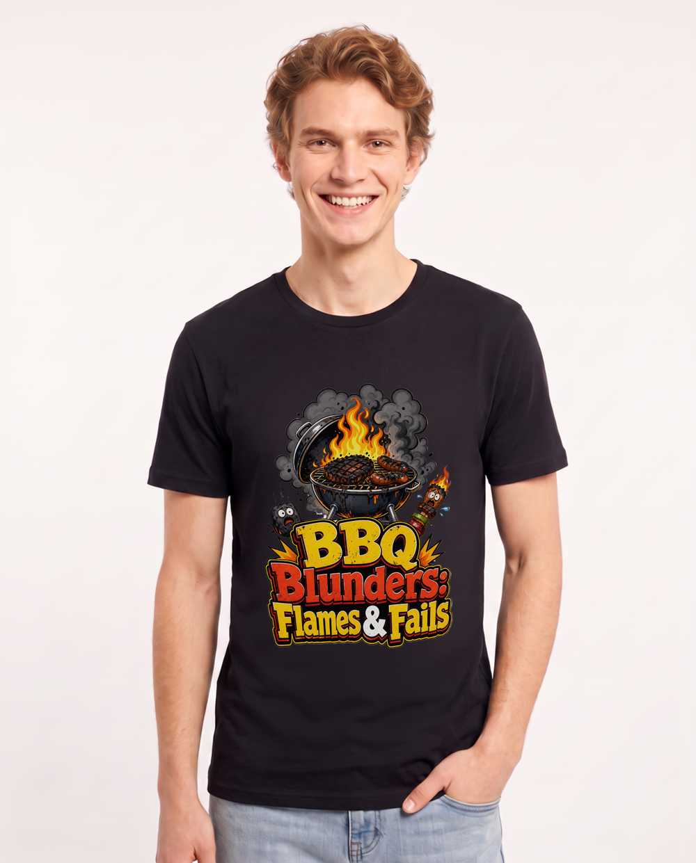 BBQ Blunders: Flames & Fails Men's Black T-Shirt product image 2