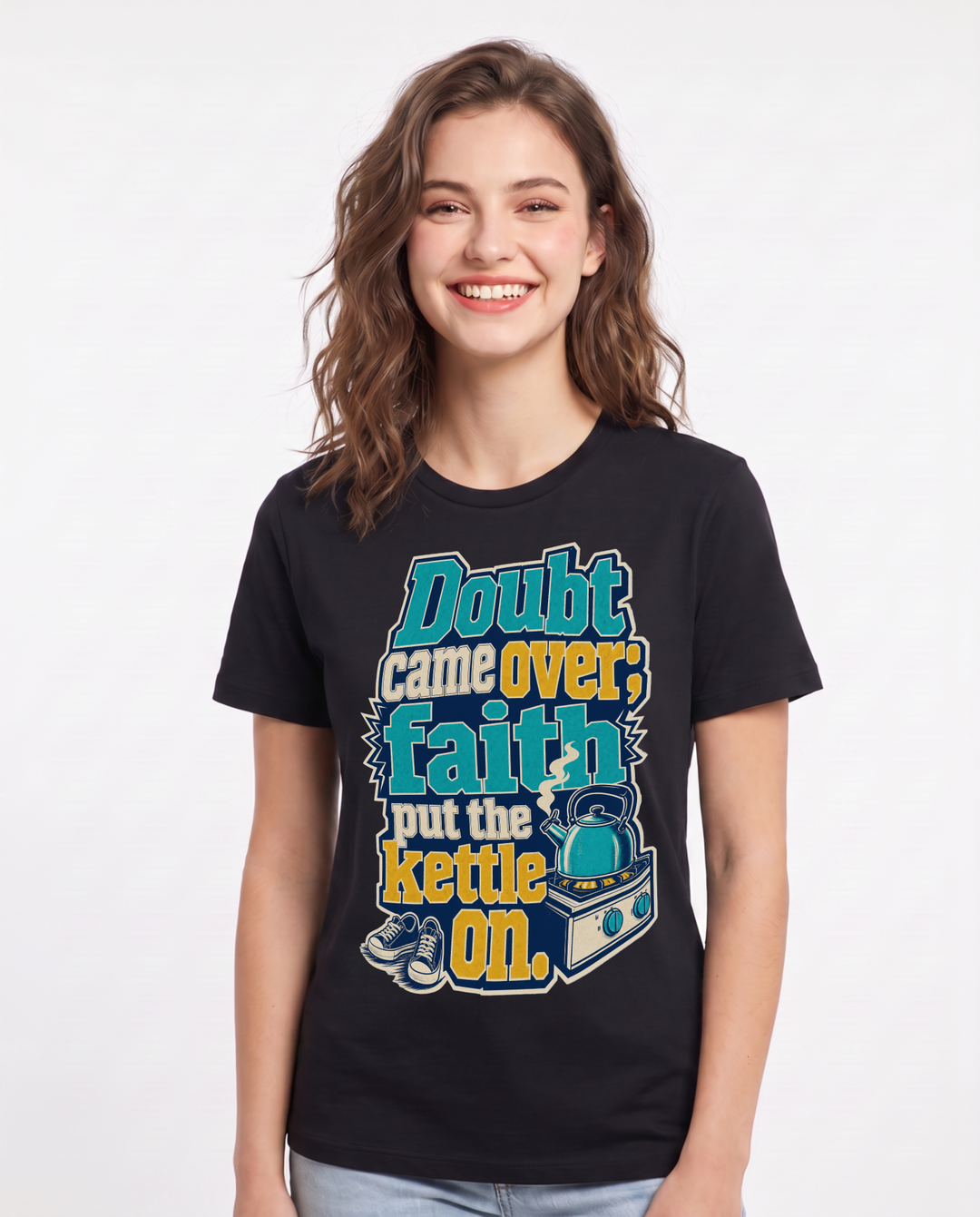 Christian Faith Women's Black T-Shirt – Doubt came over; faith put the kettle product image 1