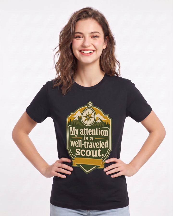 Graphic Women's Black T-Shirt - My attention is a well-traveled scout. product image 3