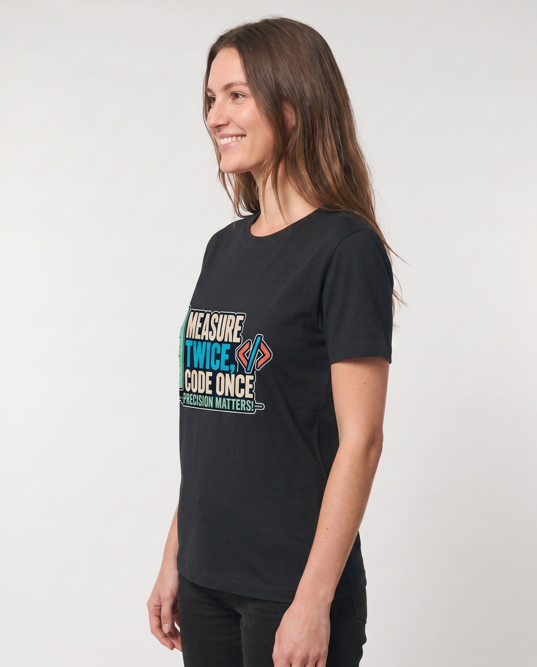 Measure Twice, Code Once Precision Matters! Black T-Shirt mockup 2