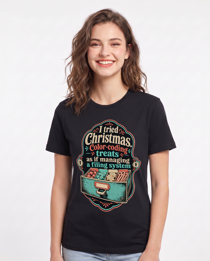 I tried Christmas. Color-coding treats as if managing a filing system Women's Black T-Shirt product image 2