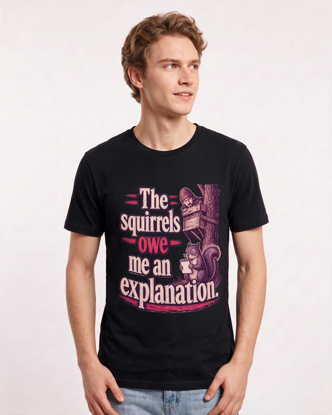 Hunting Men's Black T-Shirt – The squirrels owe me an explanation. product image 3