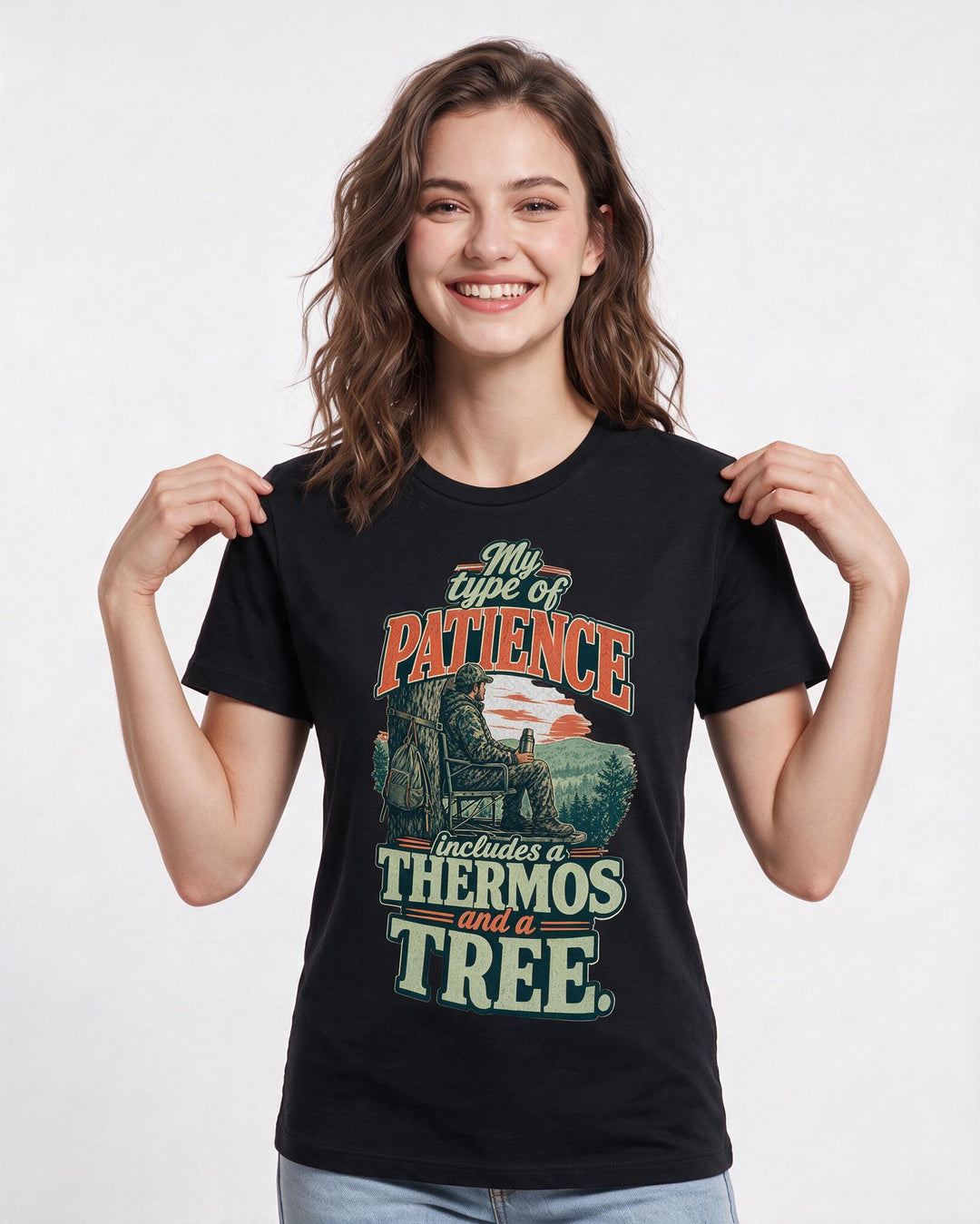 Hunting Women's Black T-Shirt – My type of patience includes a thermos product image 3