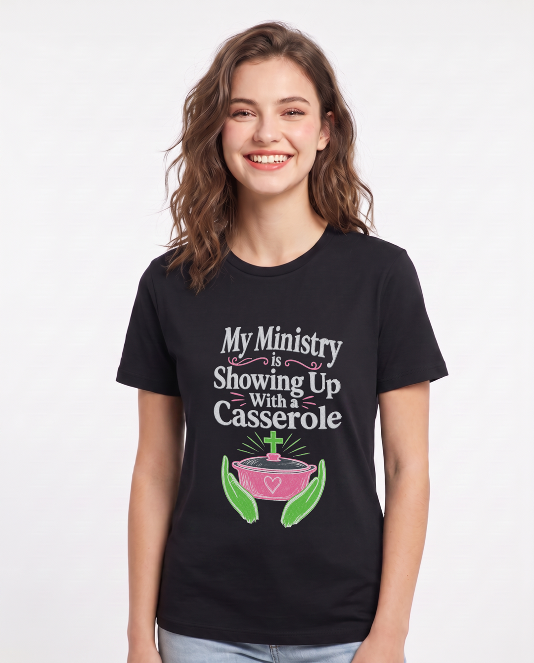 My Ministry is Showing Up With a Casserole Women's Black T-Shirt product image 2